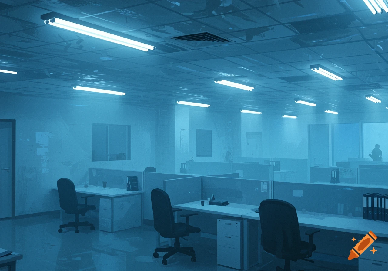 Liminal empty office with blue fluorescent lighting