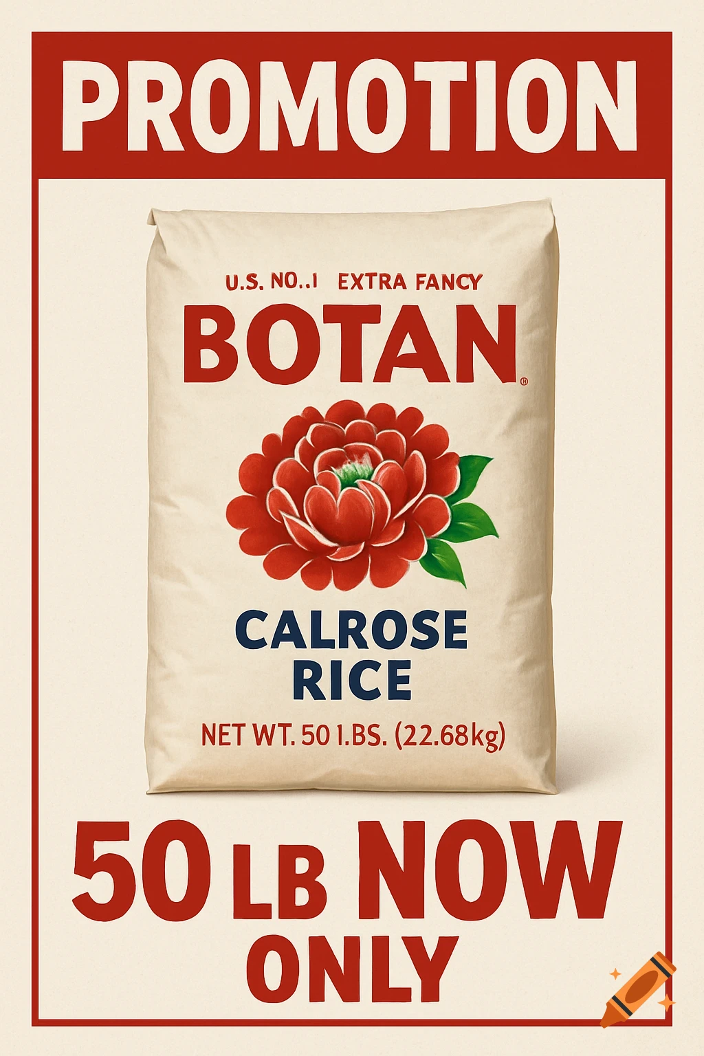 Promotional poster for Botan Calrose Rice, featuring a 50lb bag and red text on an off-white background.