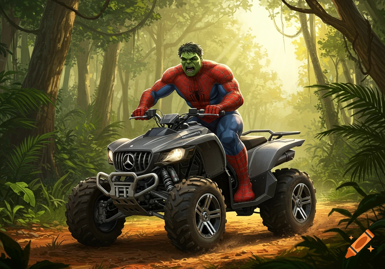 Hulk in Spider-Man costume riding a quad bike through a sunlit jungle