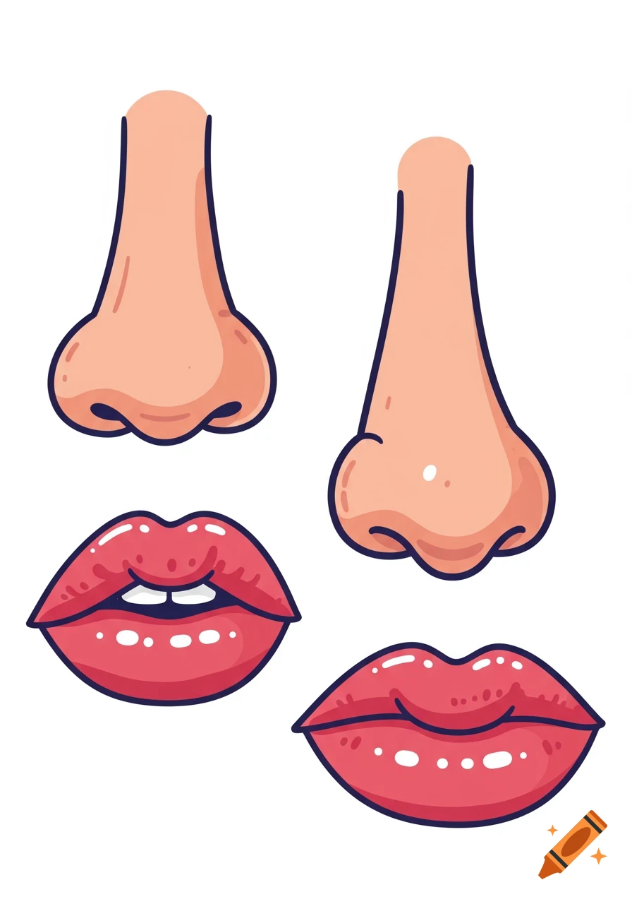 Cartoon illustration of two noses and two pairs of red lips.