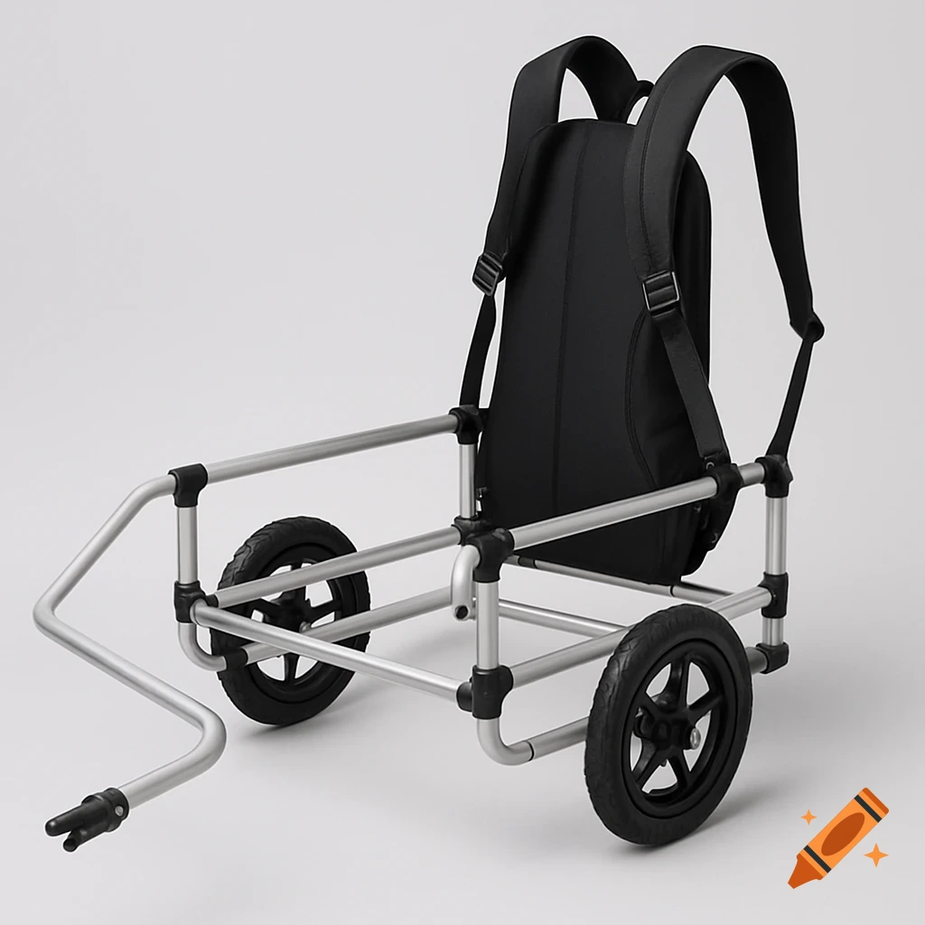 A black backpack mounted on a collapsible aluminum frame with wheels and a tow bar, studio shot.