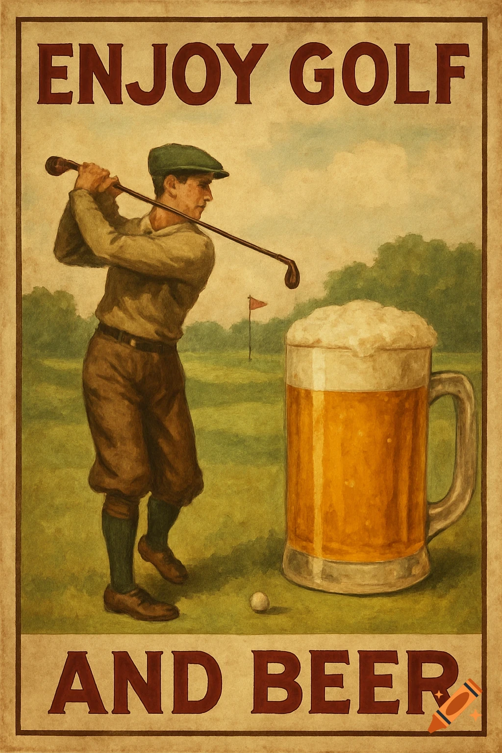 Vintage poster of a golfer next to a large beer mug, with text 'ENJOY GOLF AND BEER'.