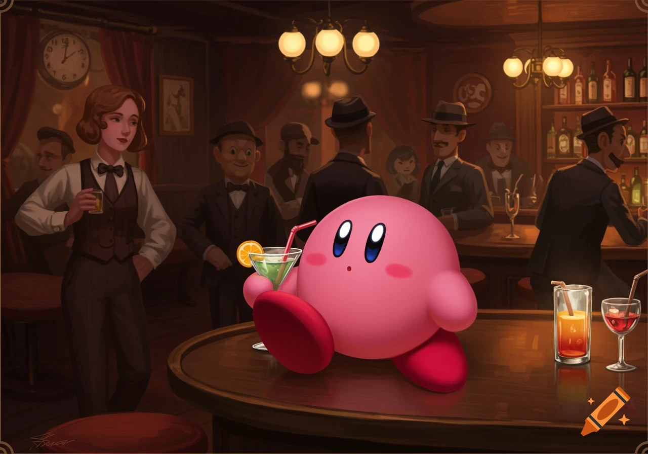 Kirby sits on a bar in a 1930s speakeasy, holding a green drink with an orange slice.