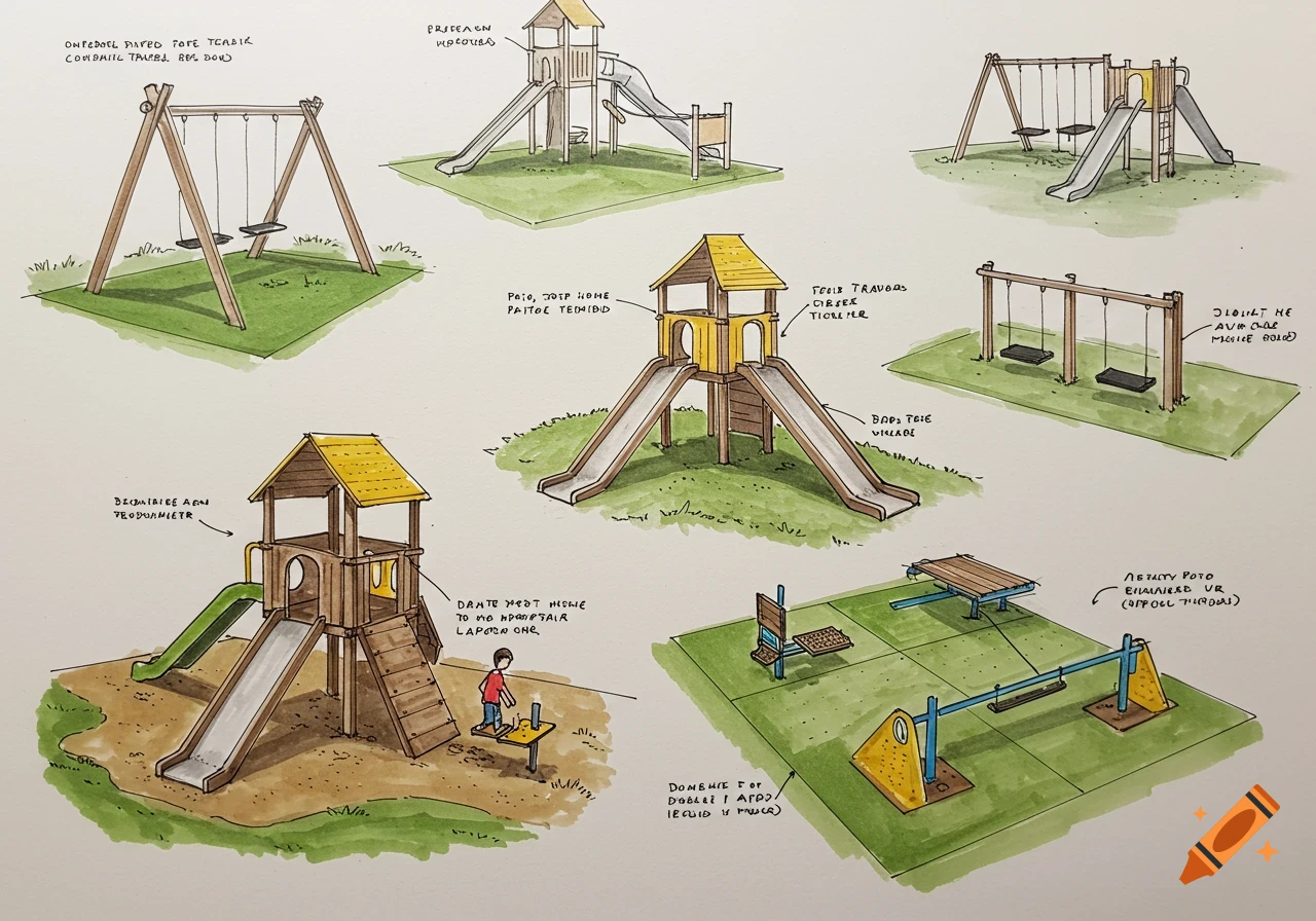 Sketches of various playground equipment, including swings, slides, and seesaws, on a white background.