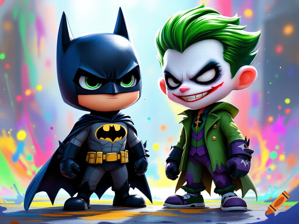 Chibi Batman and Joker standing together with a colorful splattered background.