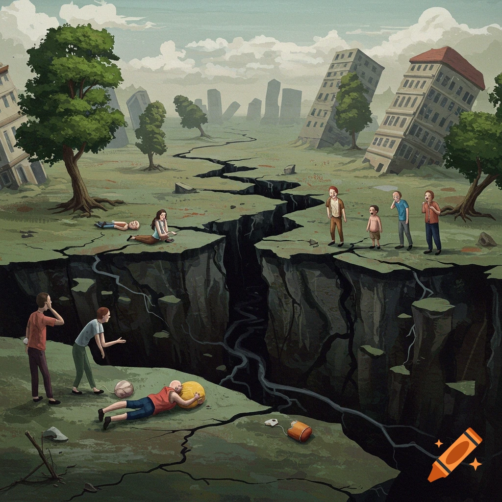 Illustration of a massive crack in the ground after an earthquake, with buildings falling and people reacting in shock.