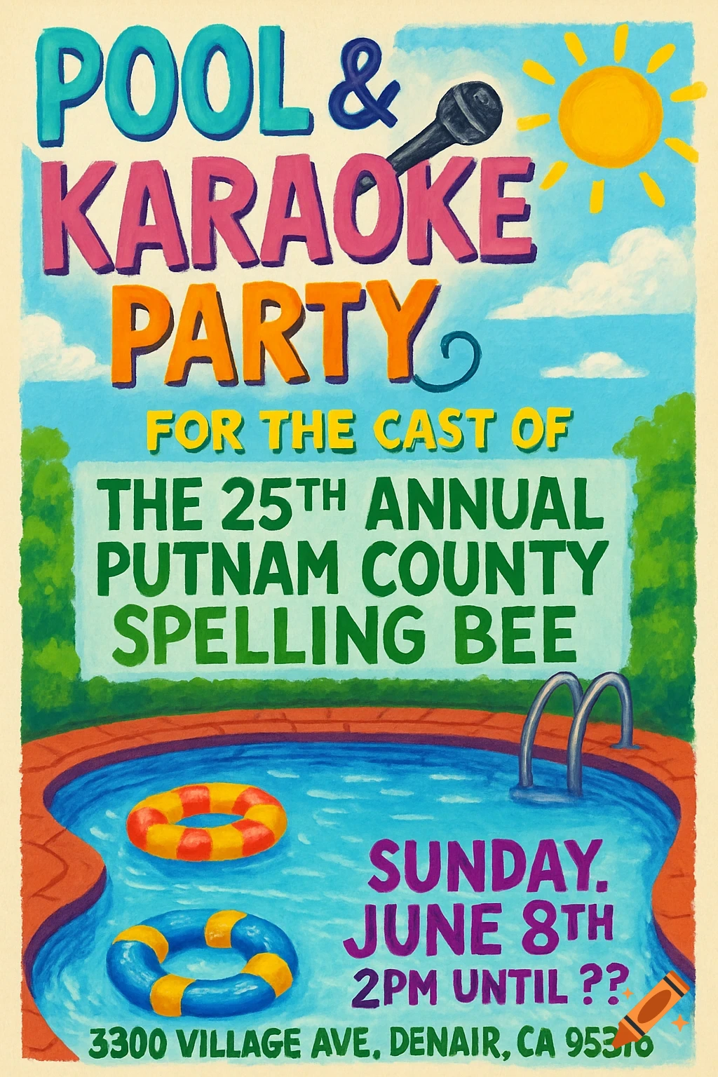 Colorful illustration of a pool and karaoke party flyer for the cast of a spelling bee show.