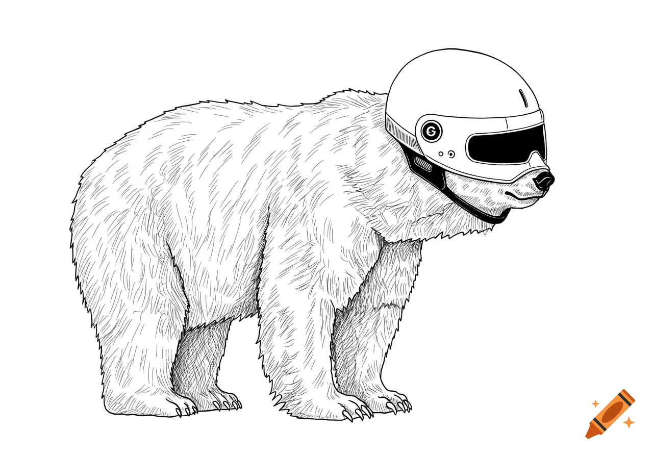 Line art of a polar bear wearing a white motorcycle helmet.
