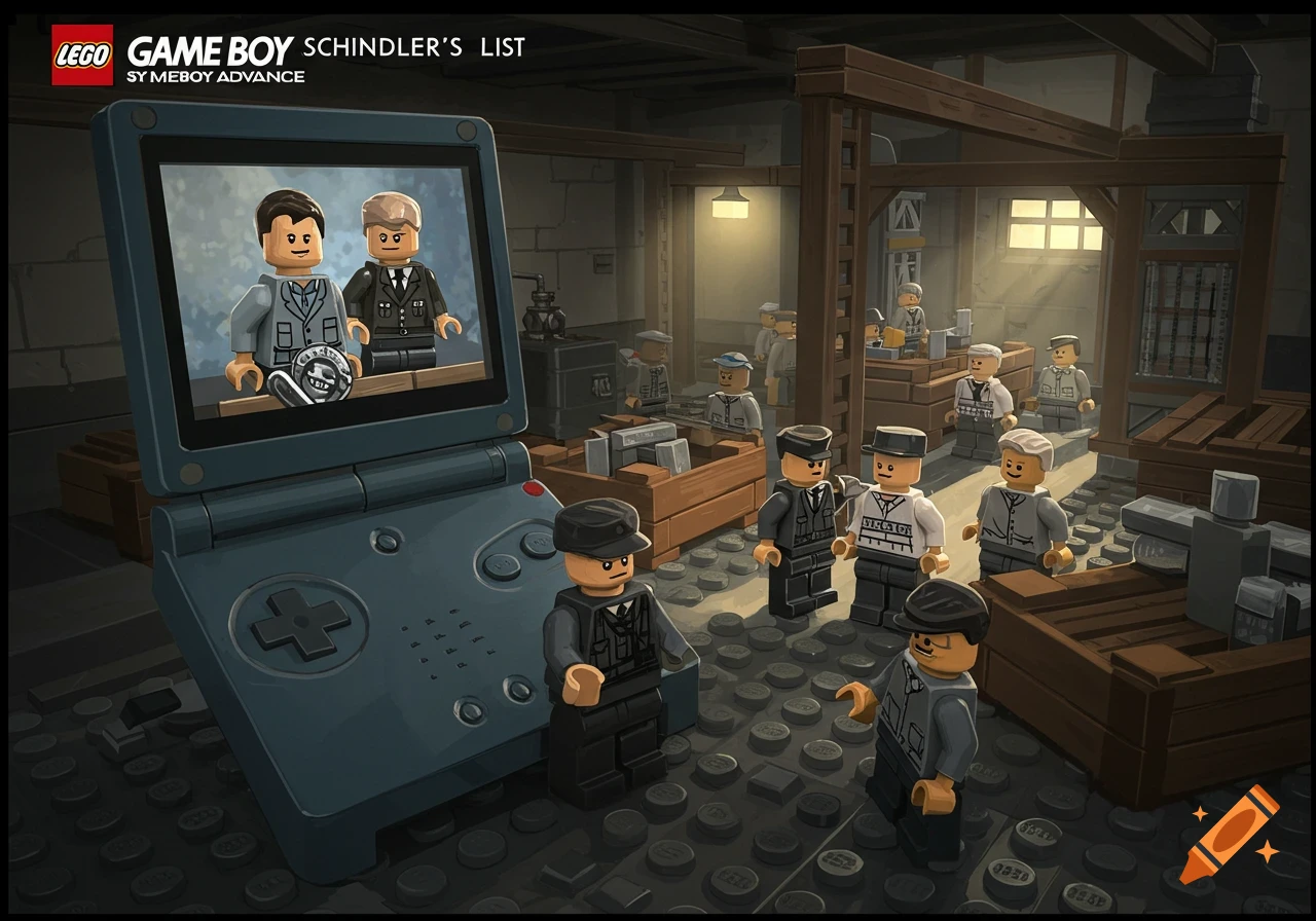 Lego figures in a workshop setting, representing Schindler's List, displayed on a Game Boy Advance screen and around it. Stylized art.