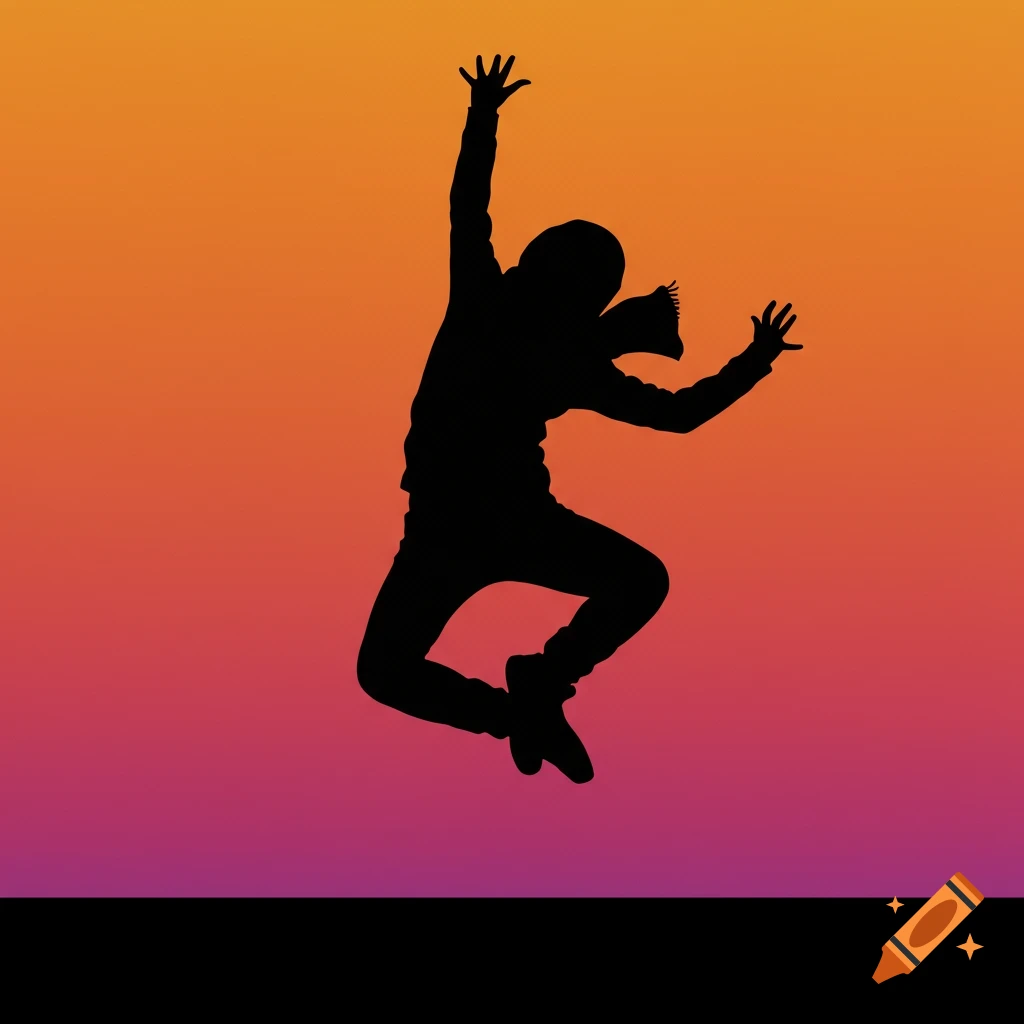 Silhouette of a person jumping against an orange and purple gradient background.