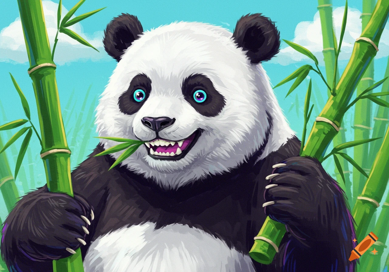 A cartoon-style panda eating bamboo in a bamboo forest with a bright blue sky.