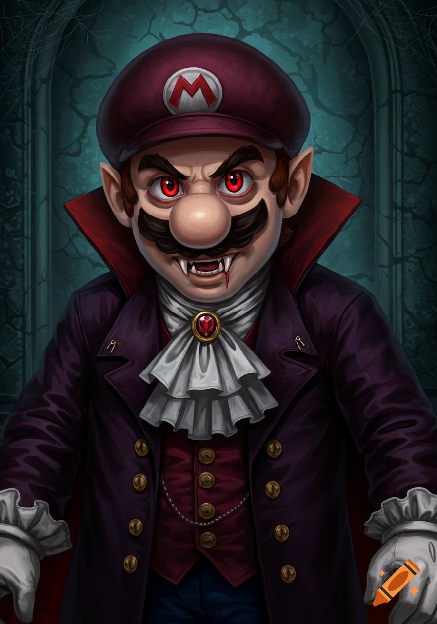 Mario dressed as a vampire with red eyes and fangs, wearing a dark coat and ruffled shirt.