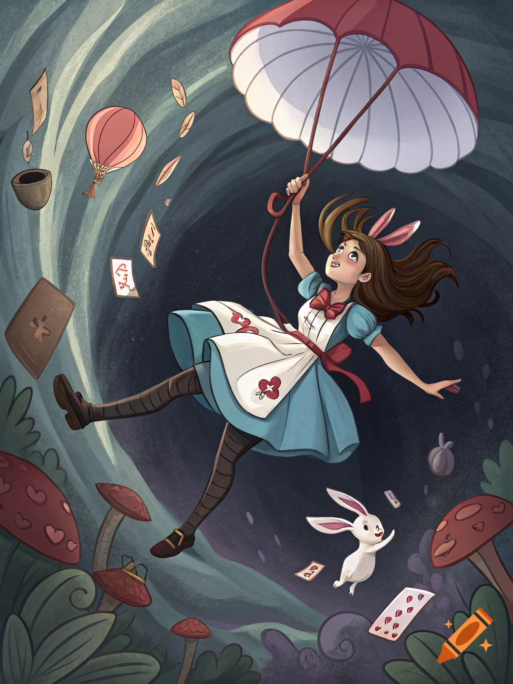Illustration of a girl dressed as Alice in Wonderland falling down a rabbit hole with a rabbit and objects.