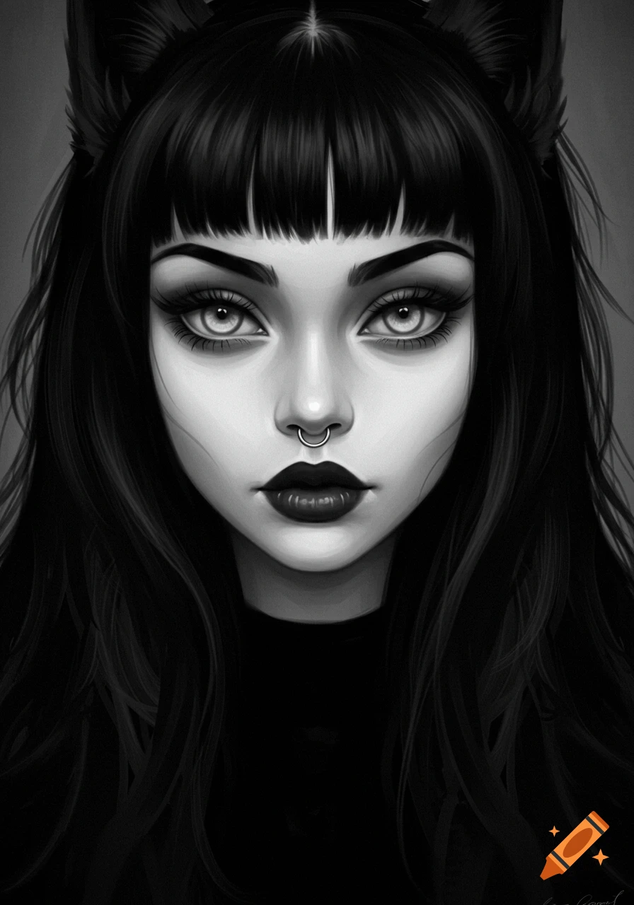 Black and white portrait of a person with dark hair, bangs, large eyes, septum ring, and cat ears.