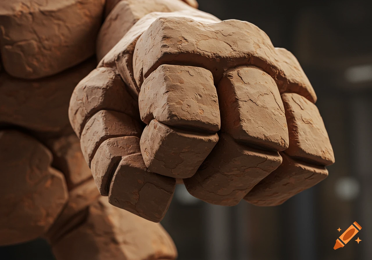 Close-up of a blocky golem fist made of textured clay