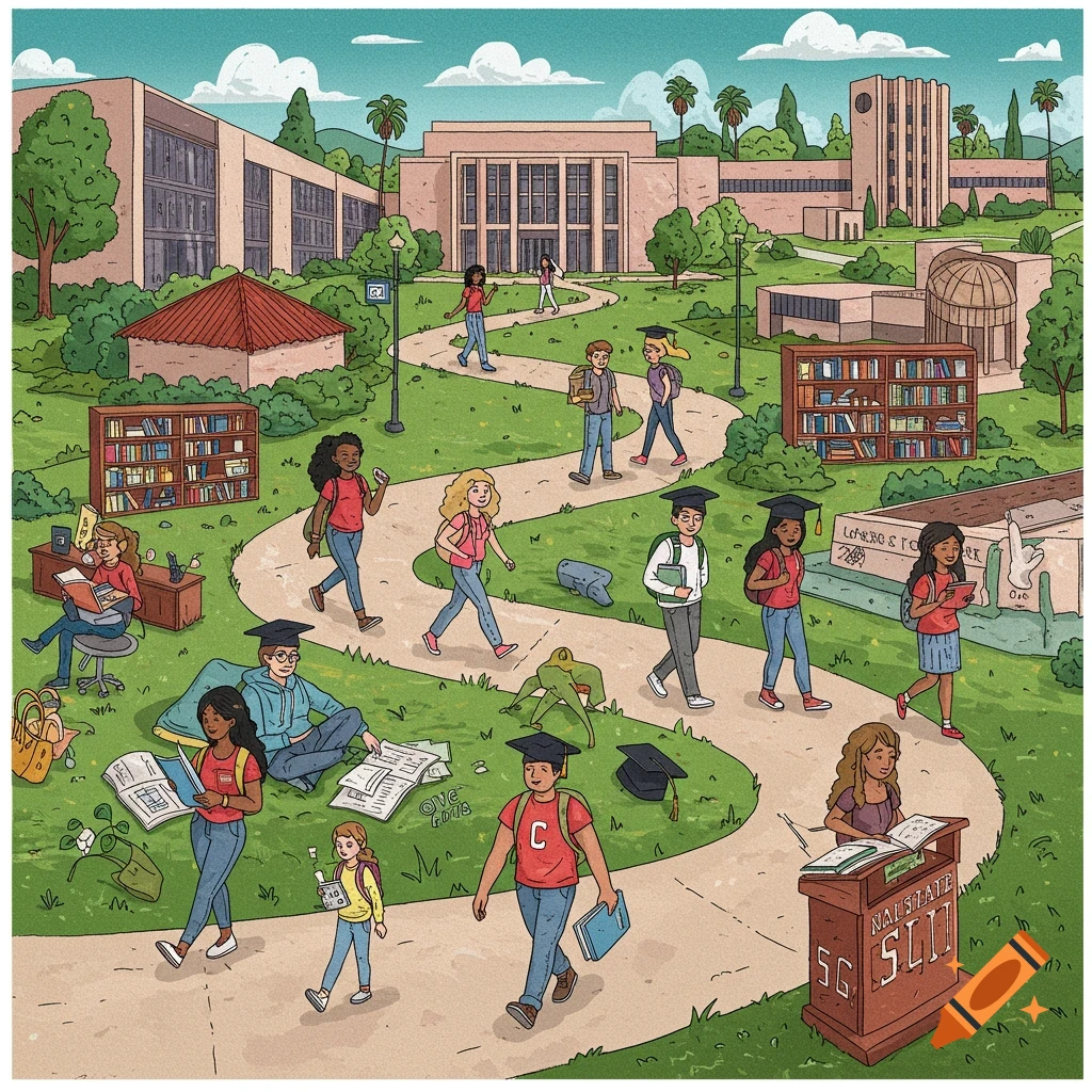 Illustration of diverse college students on a sunny campus path walking, studying, and carrying books between buildings.