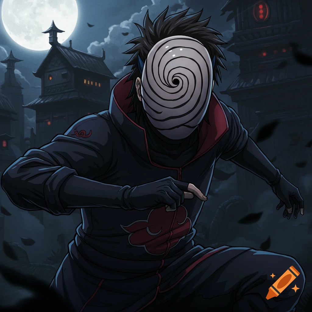 An illustrated character in a masked cloak crouches in a dark village at night