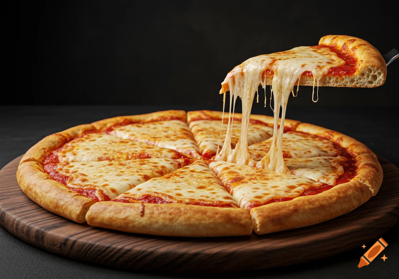 A slice of cheese pizza is lifted from a whole pizza on a wooden board, with melted cheese stretching.