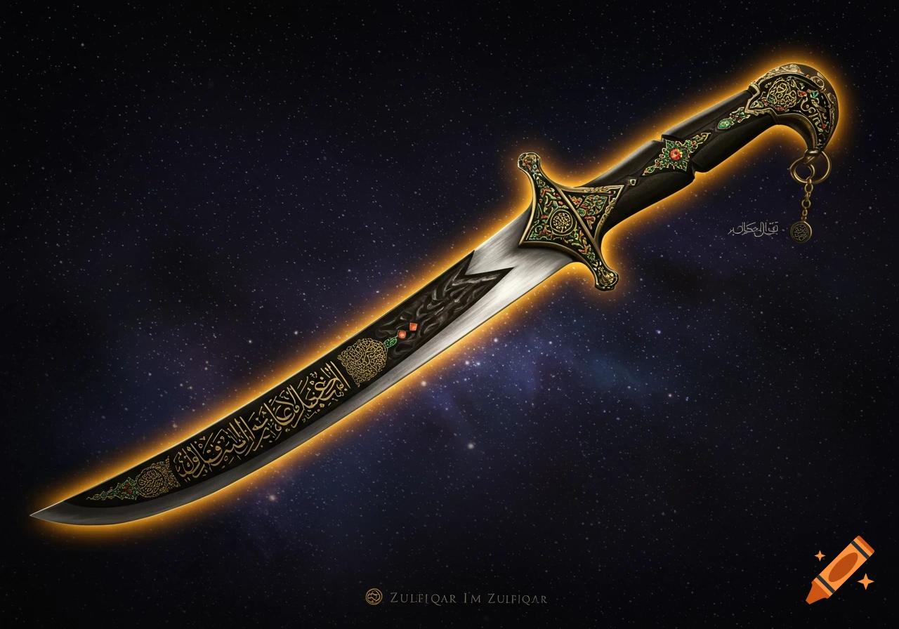 An ornate, curved sword with golden and green embellishments and text inscribed on the blade, glowing against a starry background.