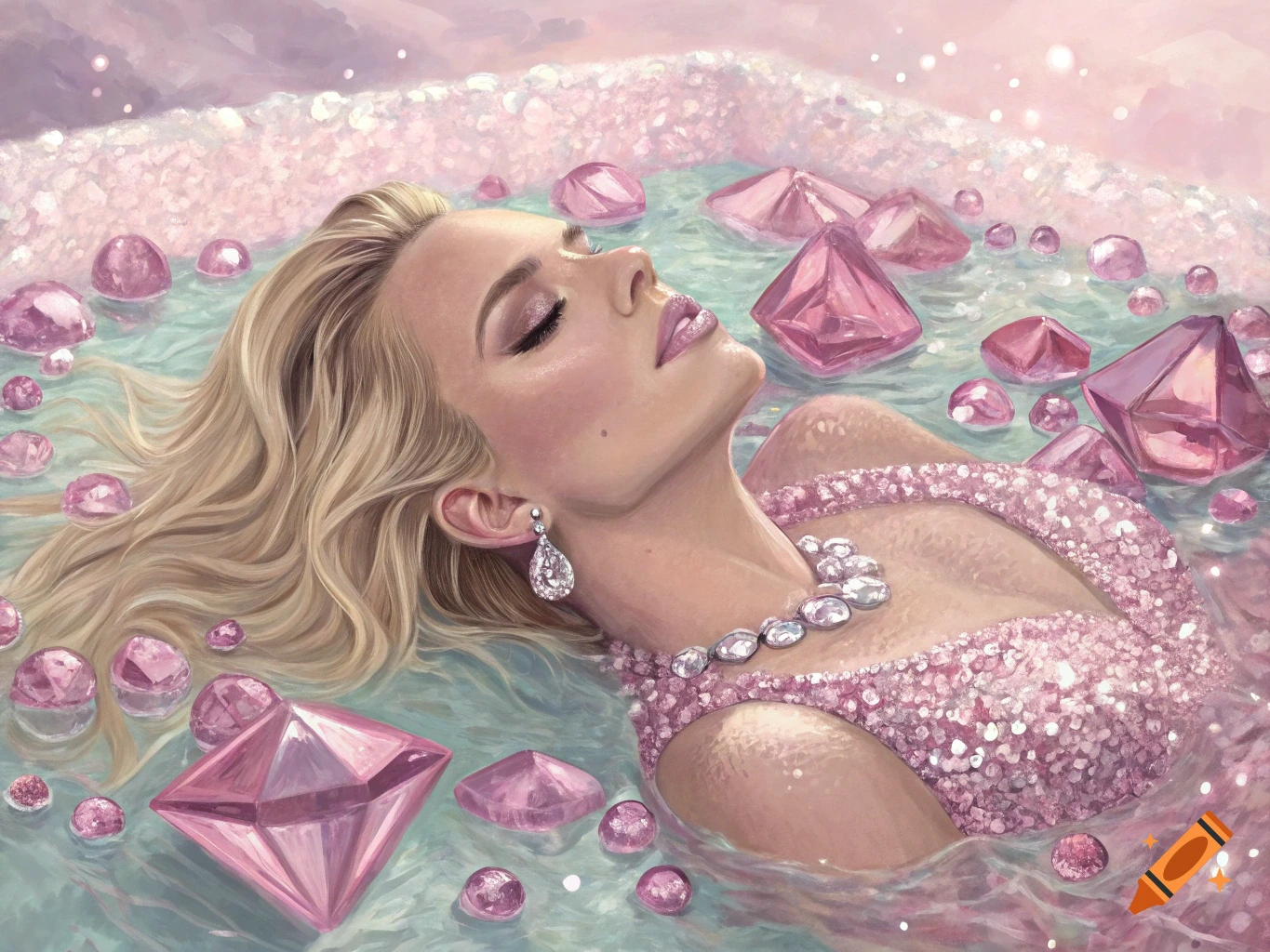 Painting of a blonde woman in a sparkling dress lying in water with pink diamonds.