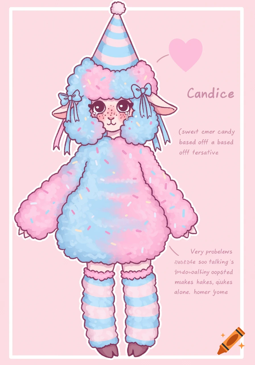 Cute cartoon sheep character with pink and blue fluffy fur, party hat, leg warmers, and sprinkle freckles.