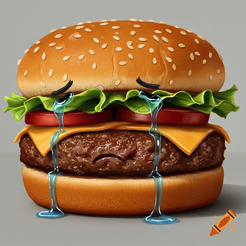 Illustration of a burger with eyes crying tears