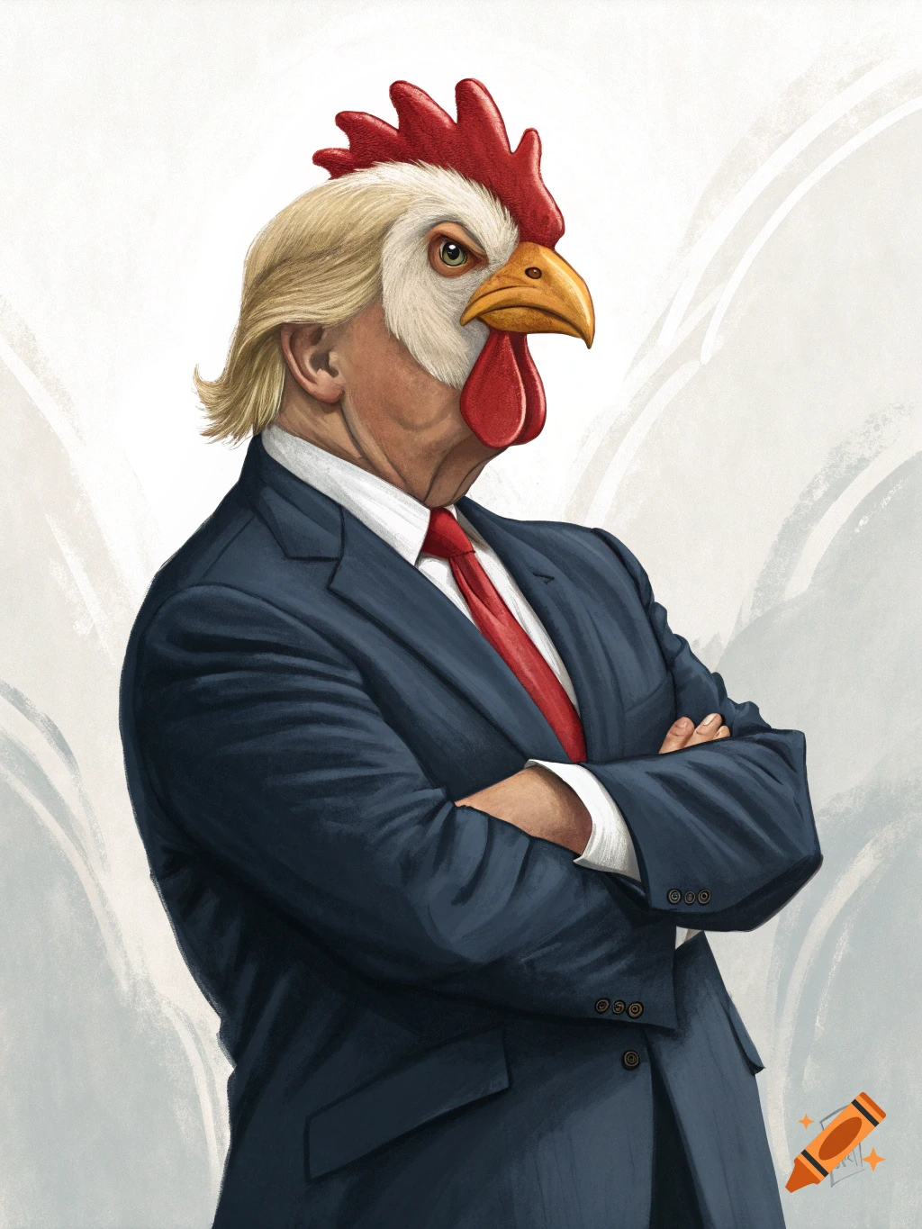 Illustration of Donald Trump with a chicken head wearing a suit.