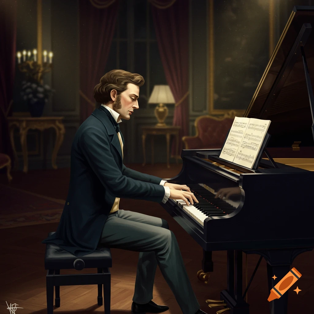 A man in period clothing plays a grand piano in an elegant room.