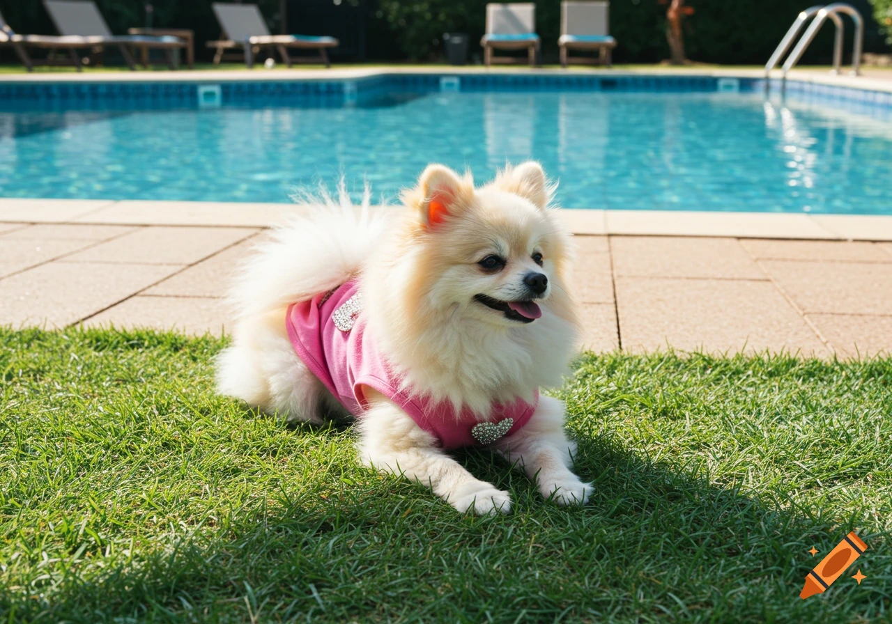 A Pomeranian dog wearing a pink top lies on grass next to a swimming pool.