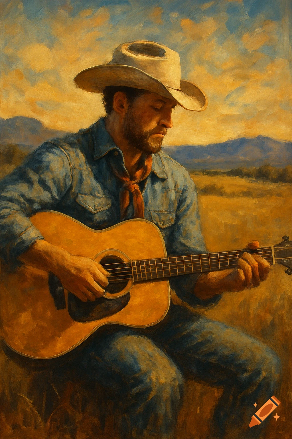 Painting of a cowboy in a hat and denim shirt playing an acoustic guitar in a field