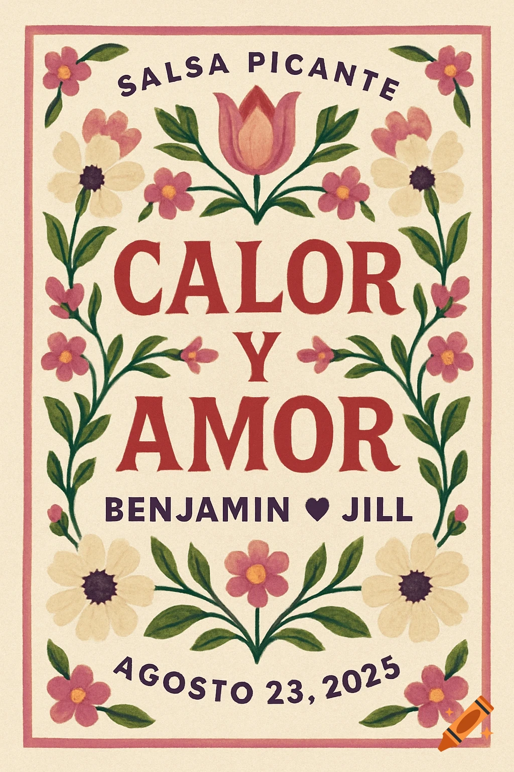 Mexican folk art style label with flowers and text 'Salsa Picante', 'Calor Y Amor', names, and a date.