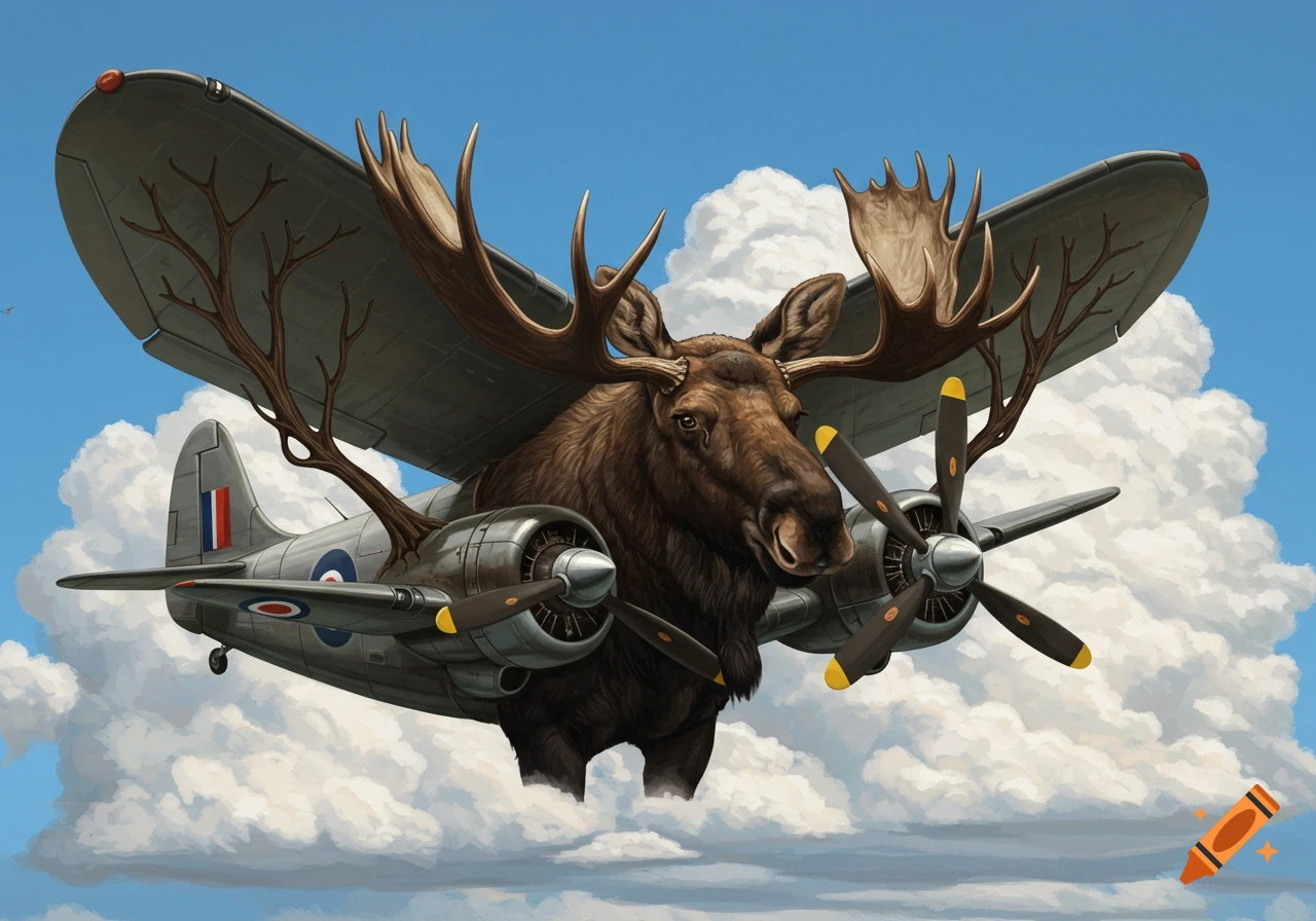 Illustration of a moose merged with an airplane flying through clouds.