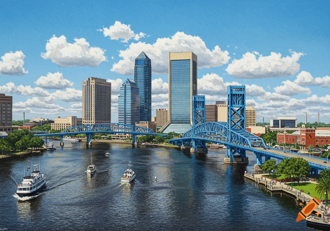Painting of a city skyline along a river with blue bridges, boats, buildings, and fluffy clouds.