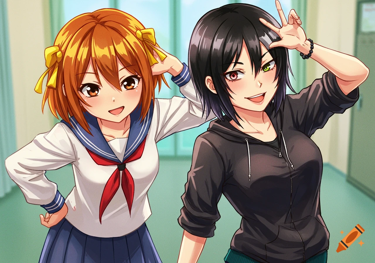 Two anime girls pose, one in a school uniform, one in a black hoodie.