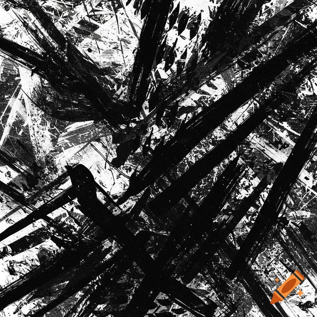 Abstract black and white painting with bold, sporadic brushstrokes.