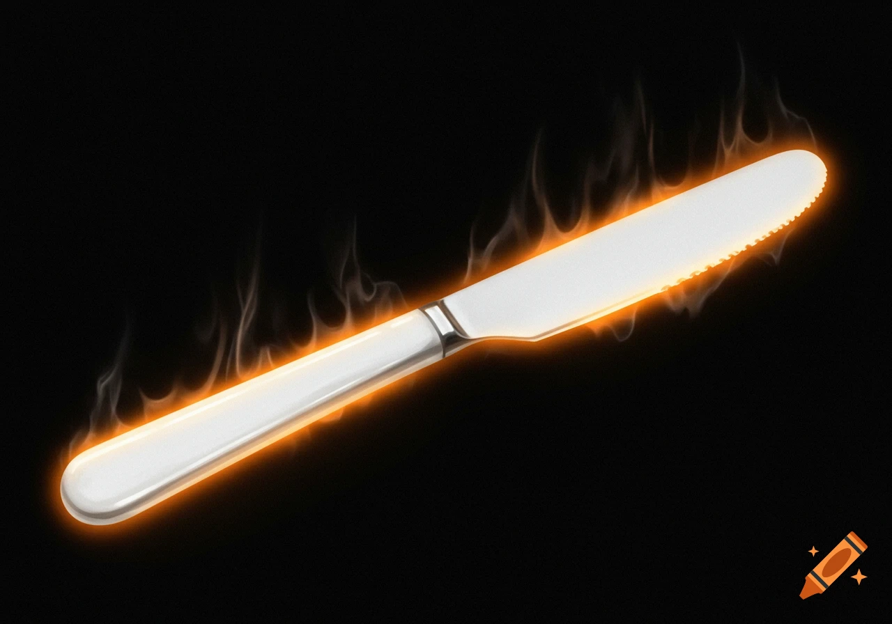 A white butter knife glows orange with heat haze on a black background.