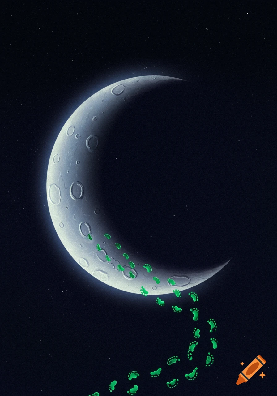 A crescent moon with green footprints trailing off into space.