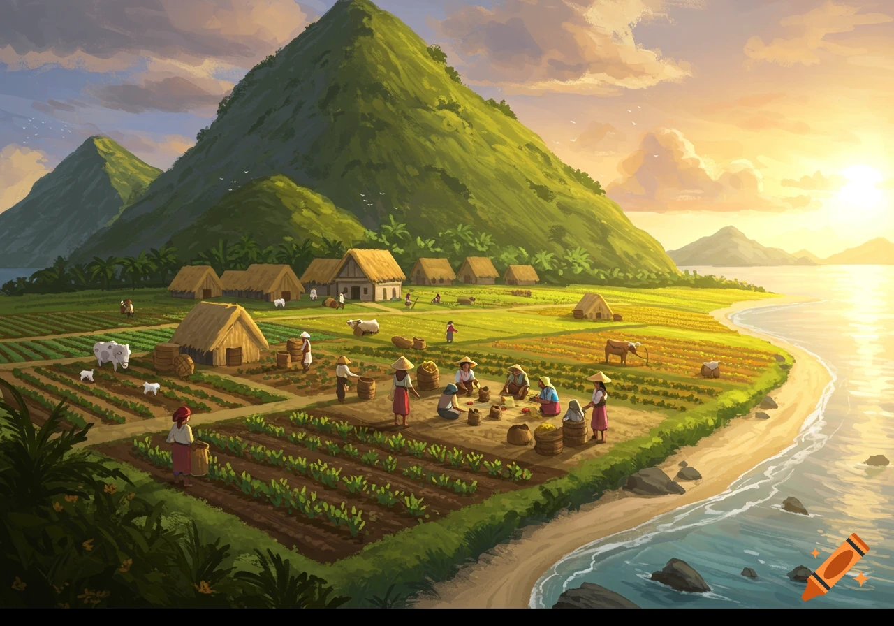 Illustrated scene of a farming village by the coast with mountains at sunset