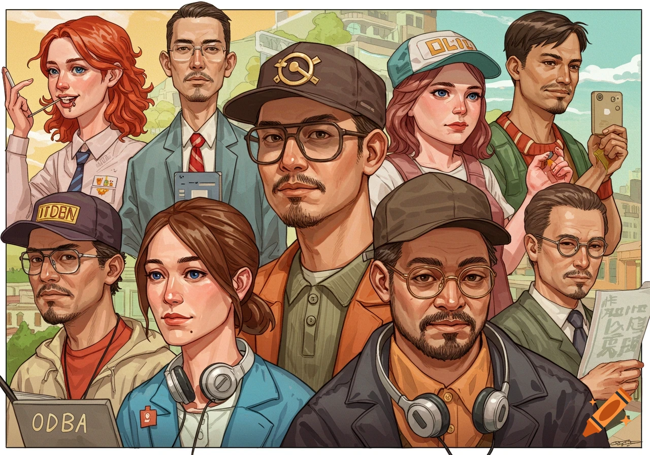 Stylized illustration of a diverse group of people with hats, headphones, and devices.