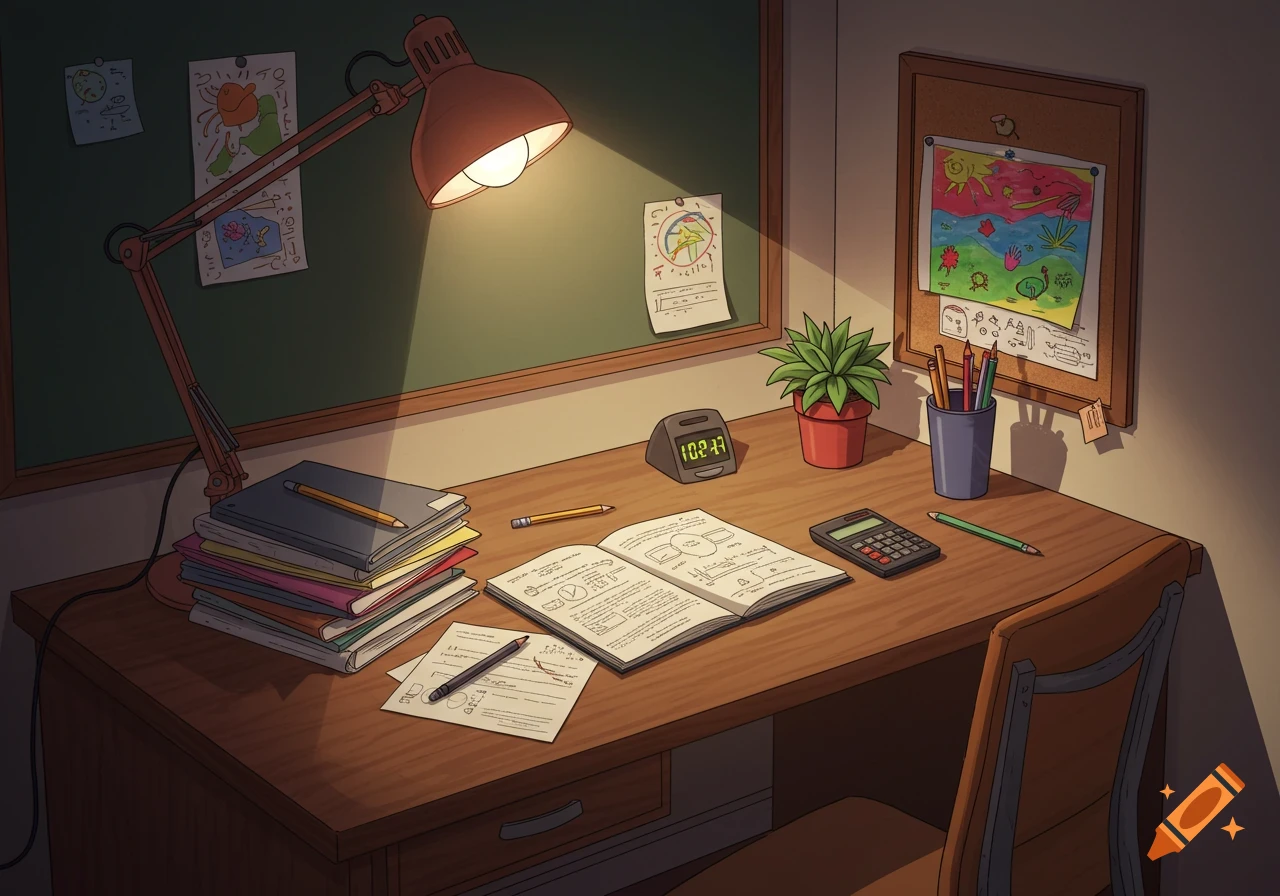 An illustrated desk with books, papers, lamp, plant, calculator, and timer under a warm light.