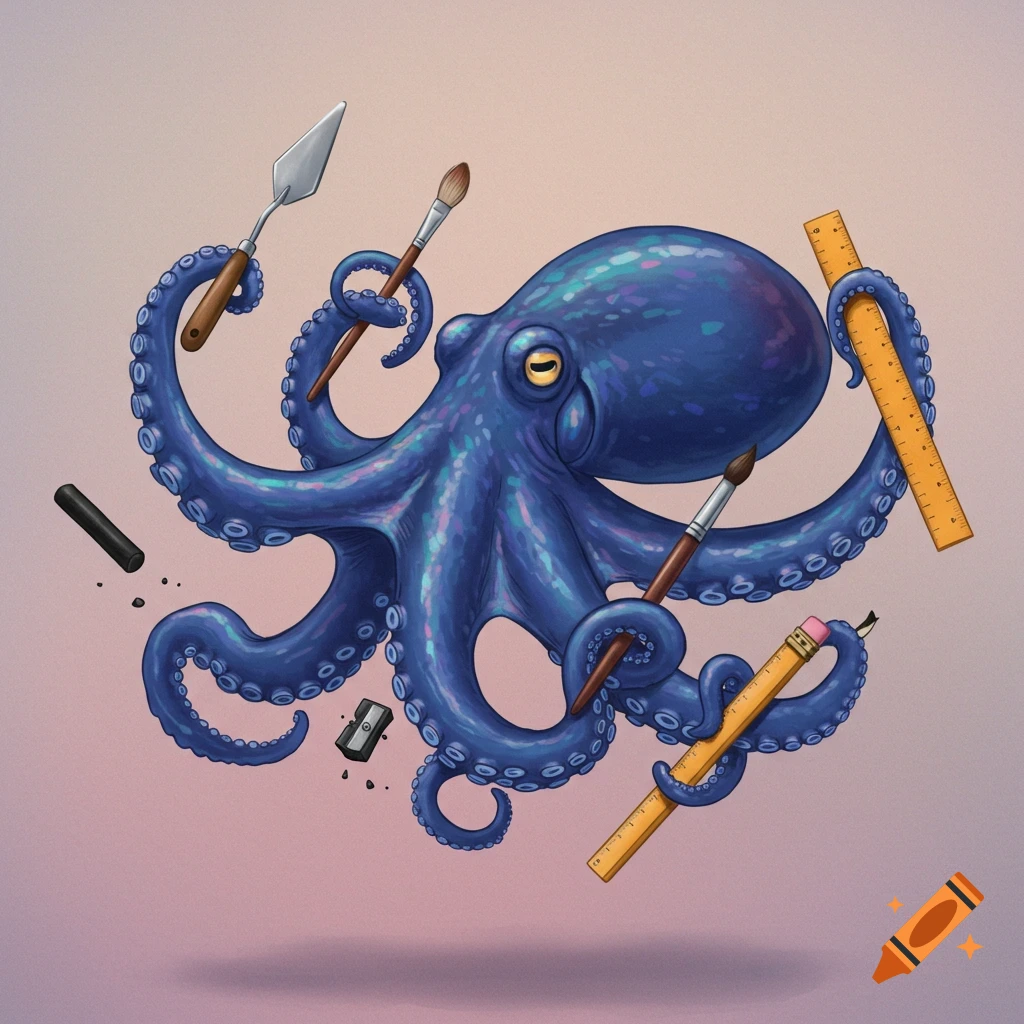 A blue octopus holds paint brushes, a ruler, pencil, and other art supplies with its tentacles.