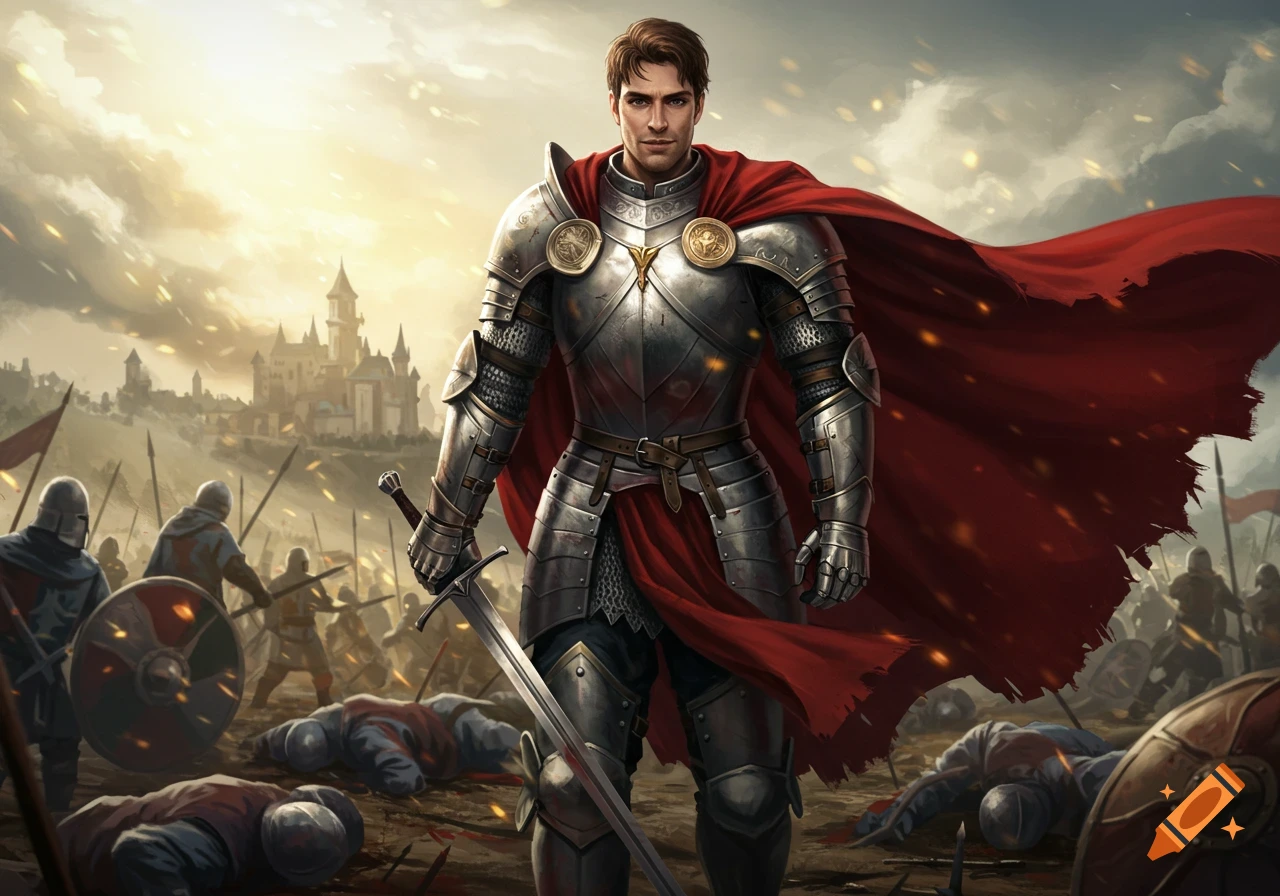 A knight in shining armor with a red cape stands on a battlefield among fallen soldiers, with a castle in the background.