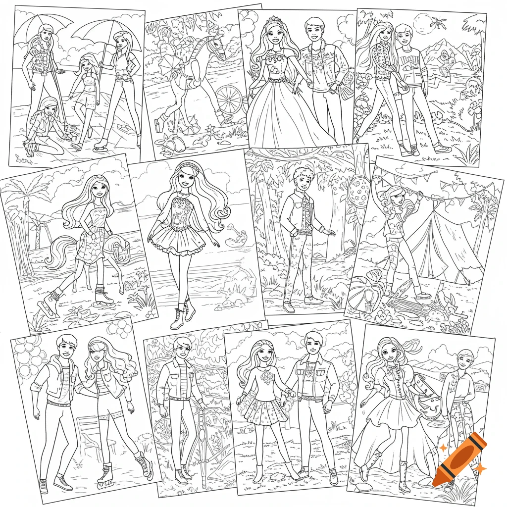 Collage of black and white line art coloring pages featuring Barbie and Ken dolls in various scenes.