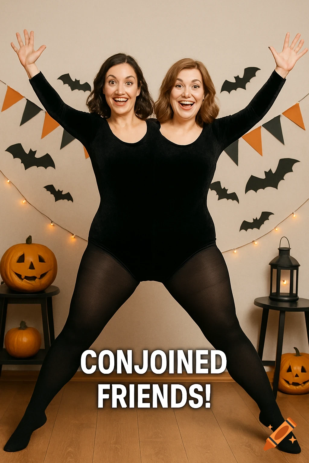Two women in a conjoined costume pose in a Halloween setting with pumpkins and bat decorations. Text overlay reads 'CONJOINED FRIENDS!'.