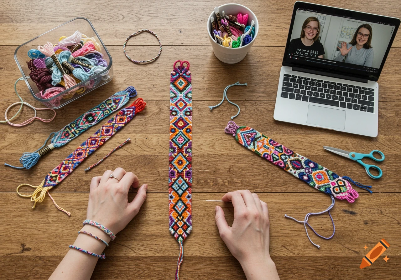 Overhead view of hands crafting a colorful friendship bracelet on a wooden table, with embroidery floss, scissors, finished bracelets, and a laptop displaying a tutorial.