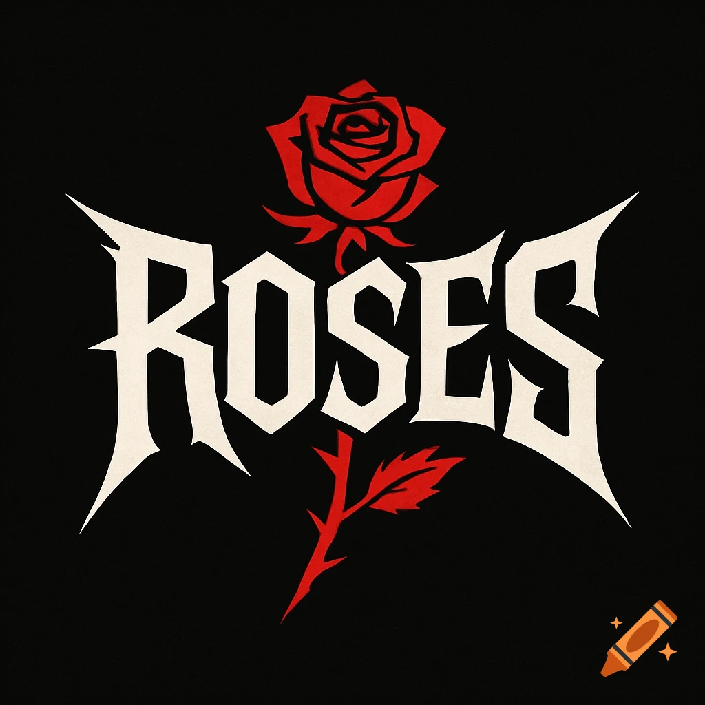 Red rose and spiky text forming the word ROSES on a black background.
