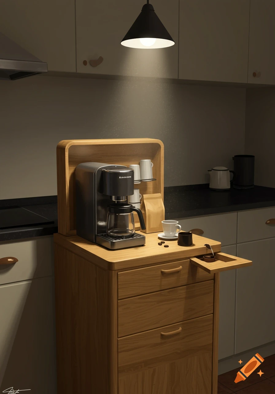 Digital painting of a coffee maker on a wooden stand in a kitchen, with cups and coffee beans.
