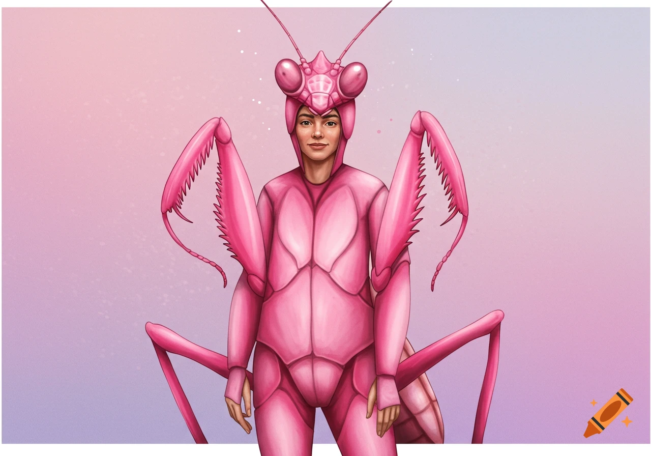 Illustration of a person wearing a detailed pink praying mantis costume against a pink and purple background.