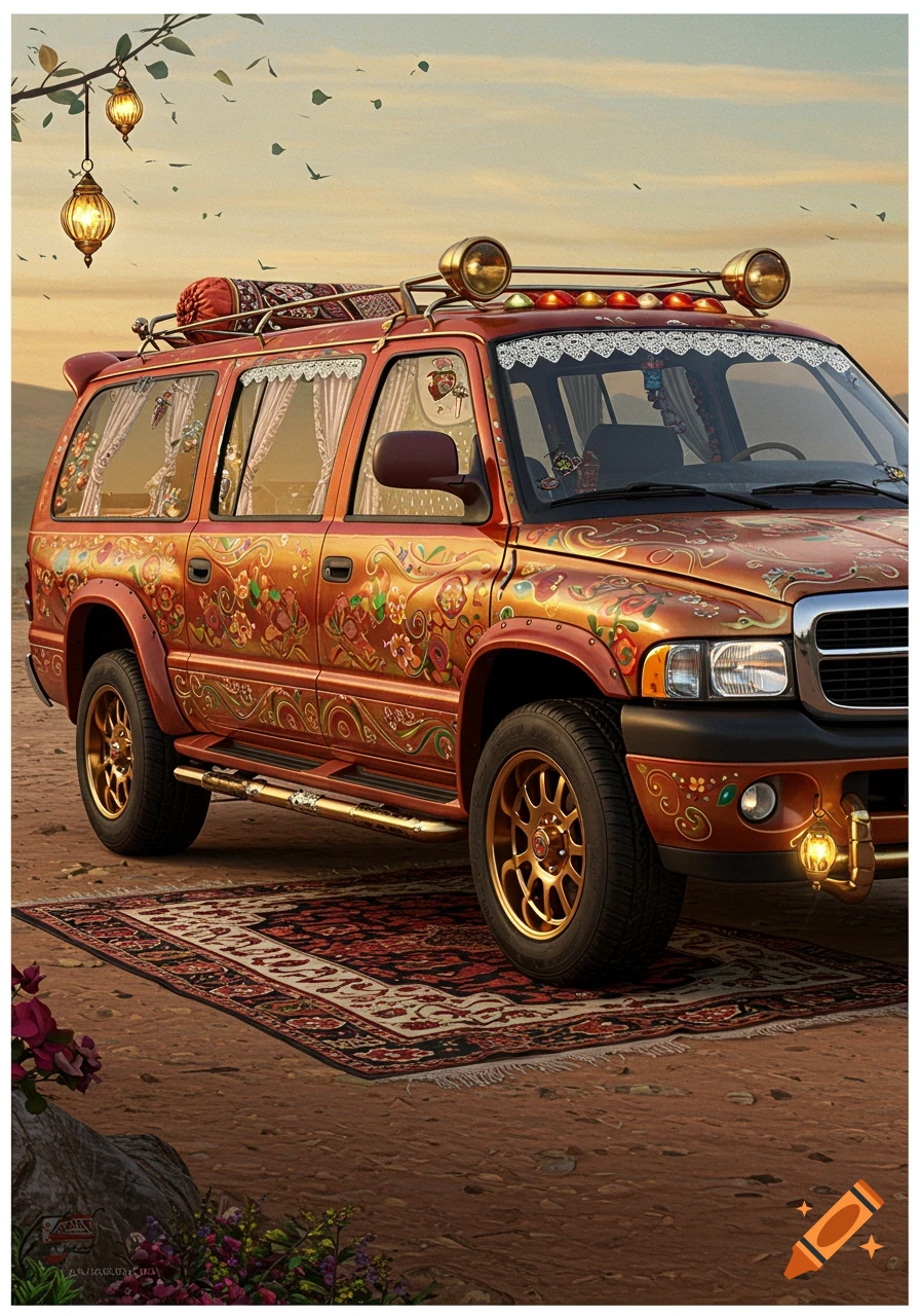 A heavily decorated orange SUV with a gypsy aesthetic parked on a rug in a desert landscape.