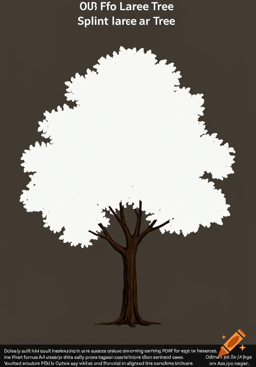 White tree silhouette on a dark background with garbled text at top and bottom.